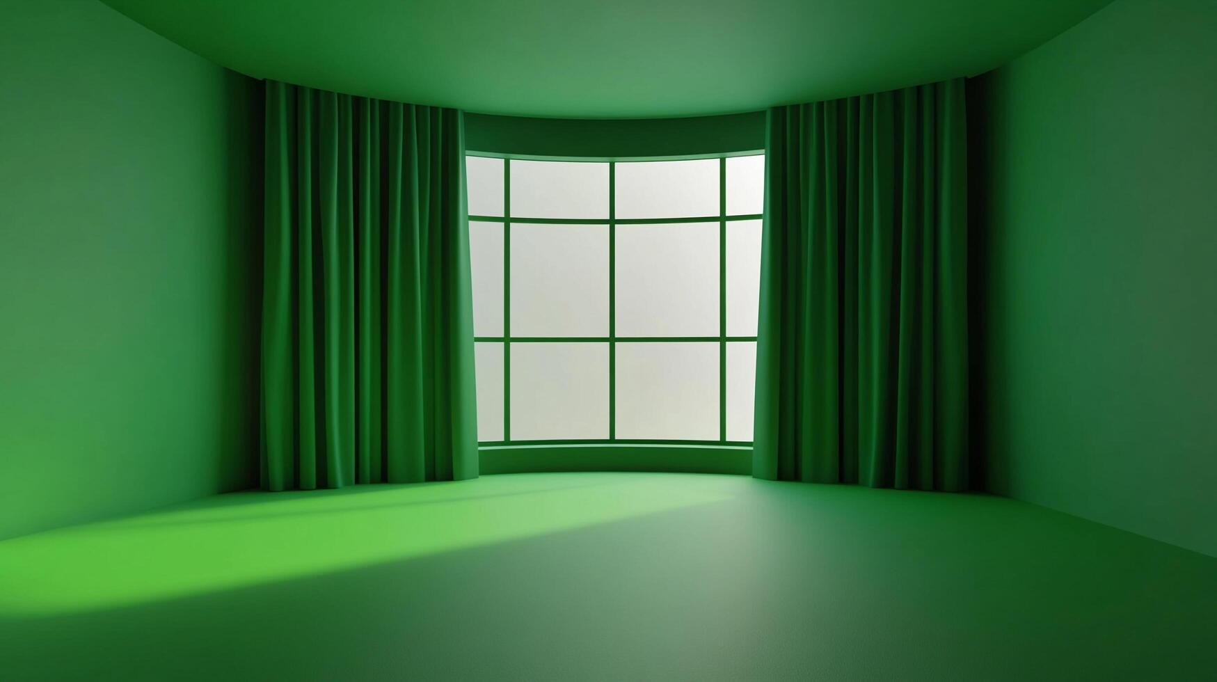 A monochromatic green room featuring a large window with curtains, showcasing minimalist interior design and creating a serene atmosphere. photo