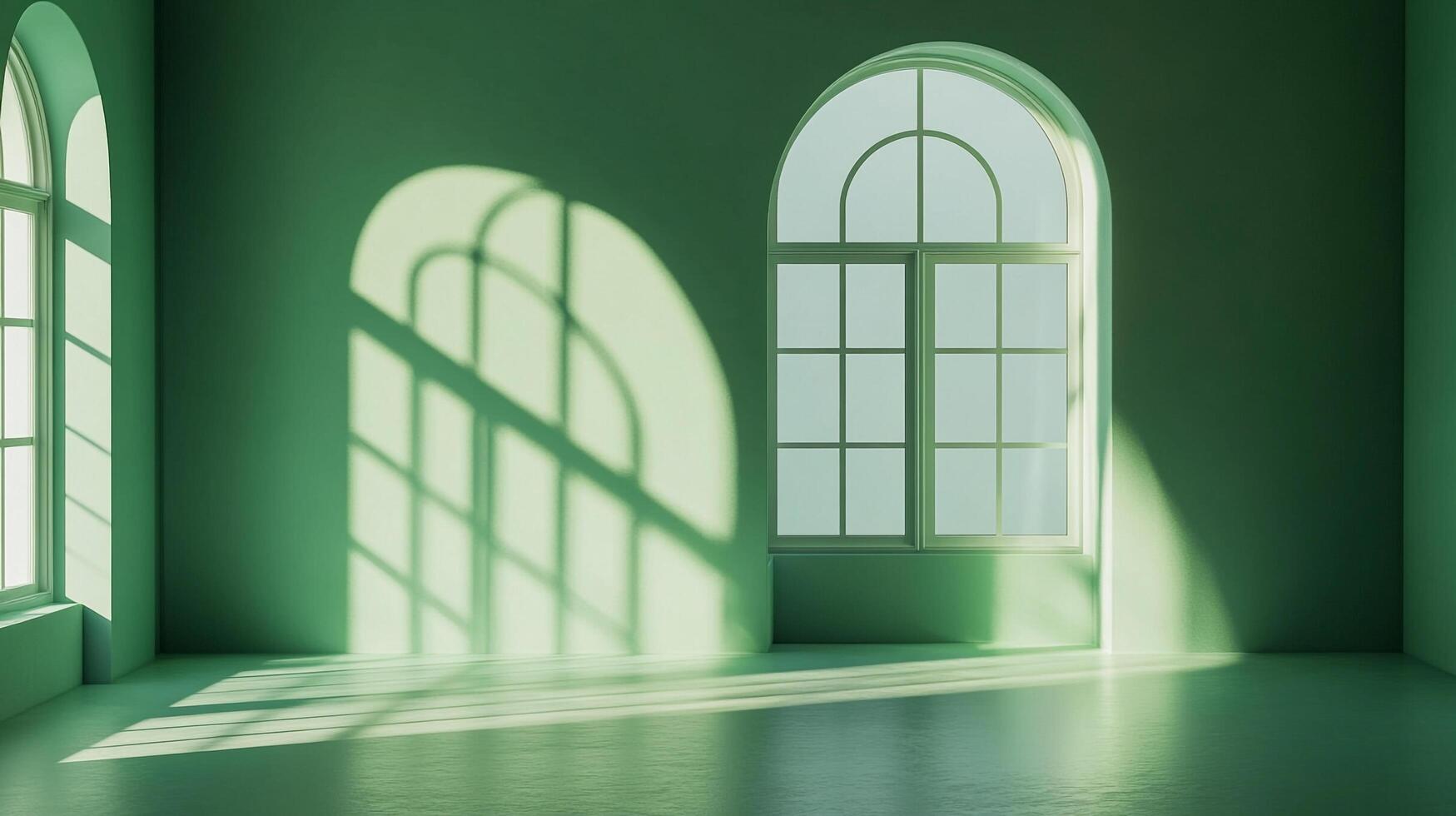 Monochromatic green room bathed in sunlight, casting arched window shadows, creating a serene and minimalist architectural ambiance. photo