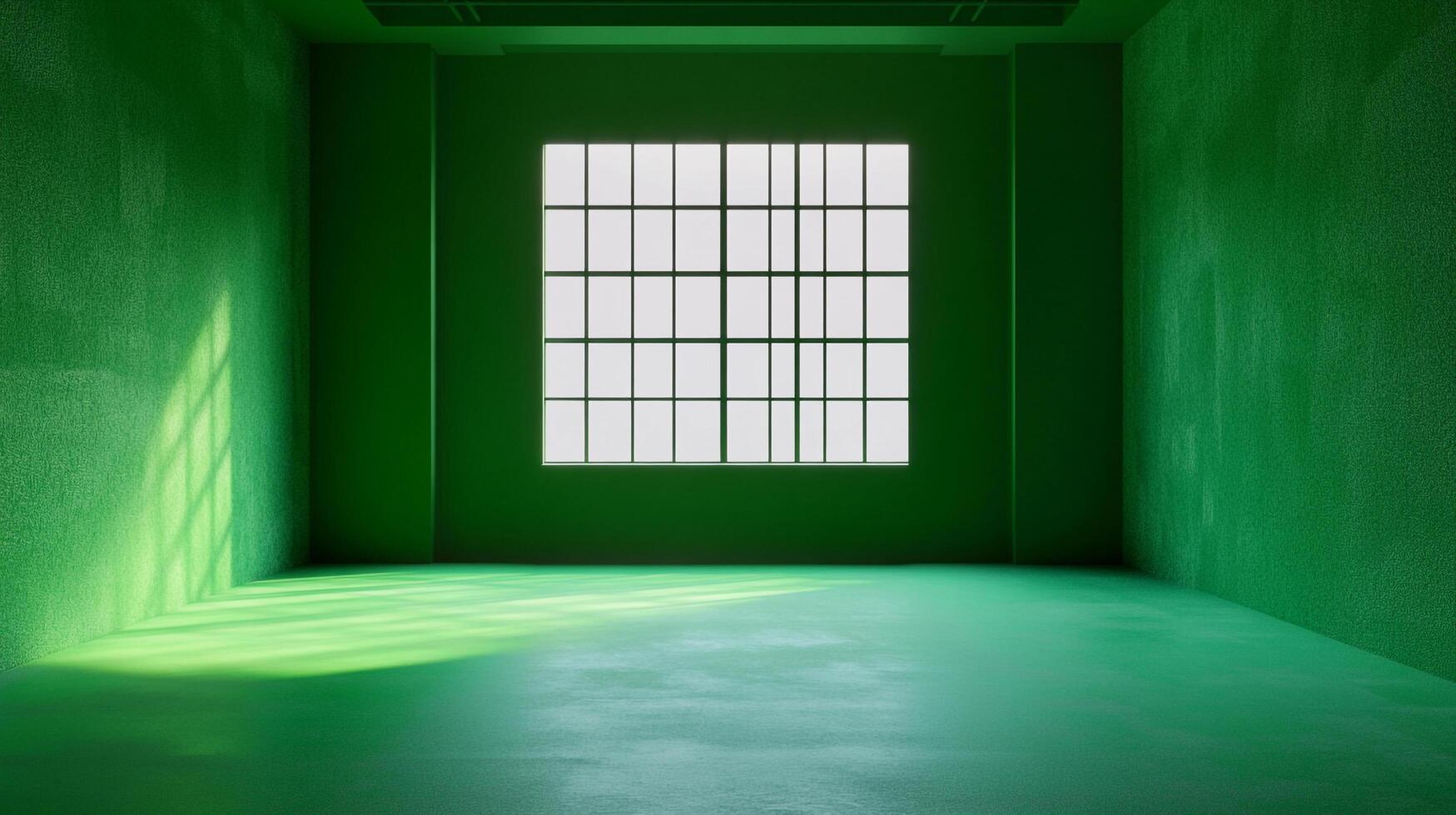 Monochromatic green room with a grid window casting light onto the textured wall and floor, creating a serene and minimalist space. photo