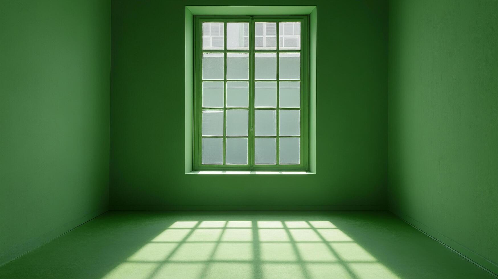 Green room with a window casting light and shadows on the floor, creating an austere and serene atmosphere in the minimalist interior. photo