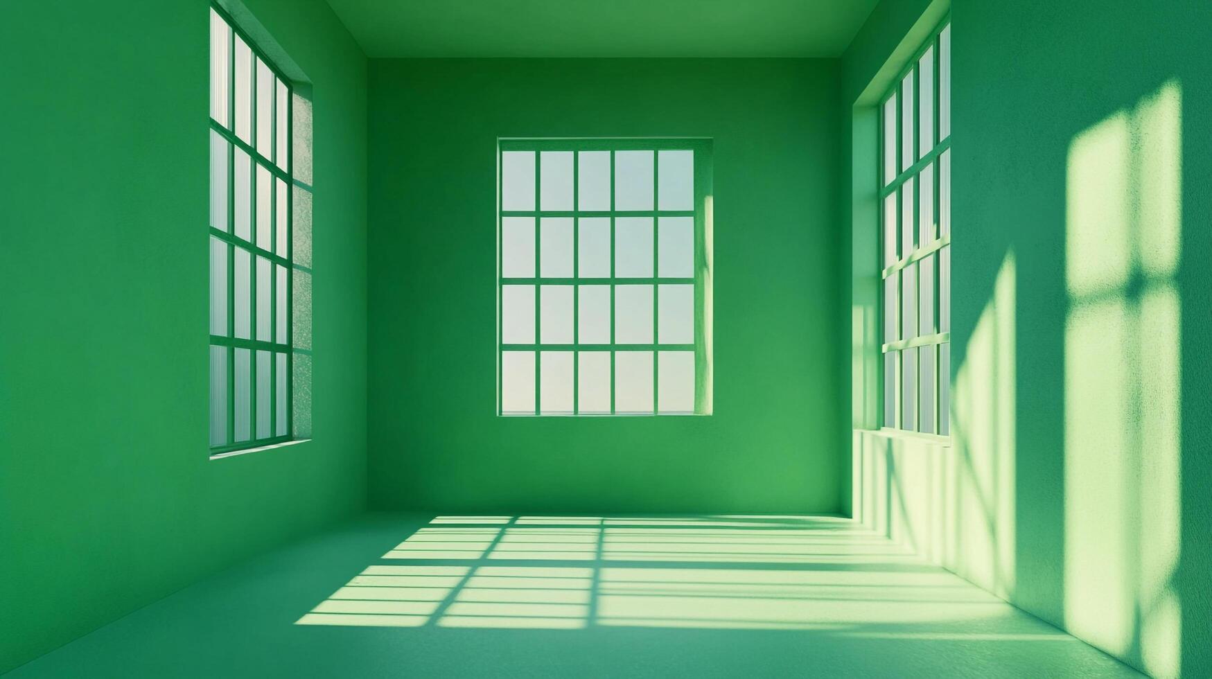 Serene green room with natural light streaming through windows, creating shadows on the floor. A calming, monochromatic space. photo