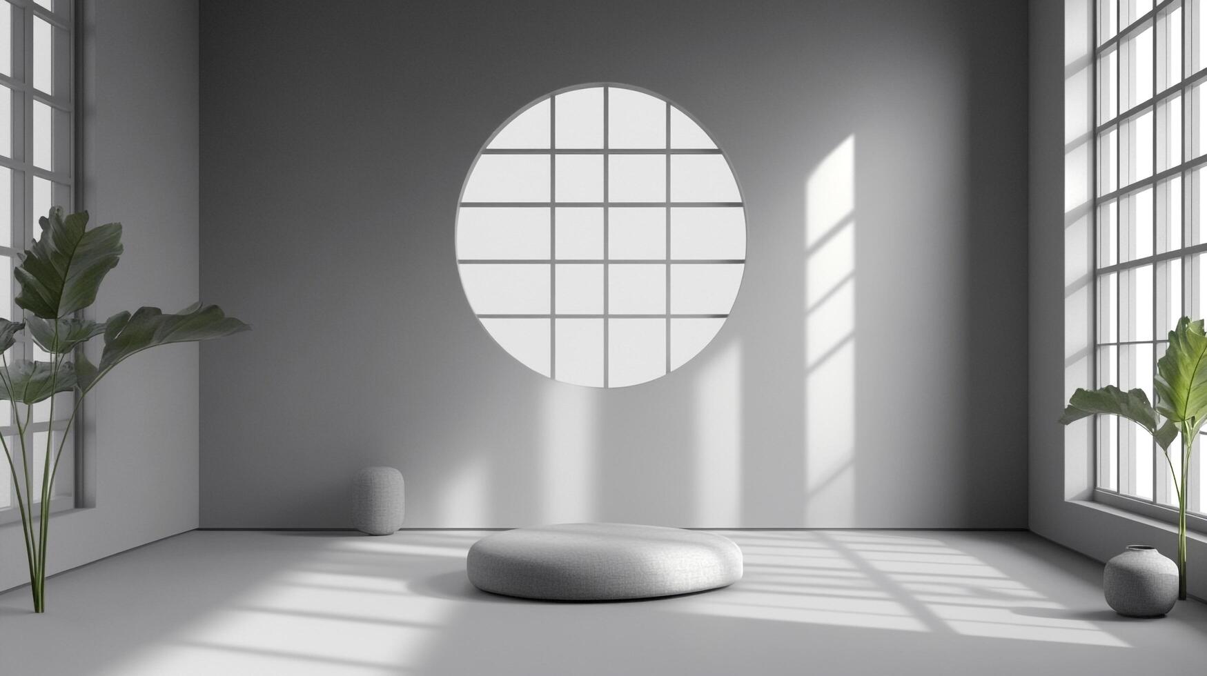 Monochromatic studio setting with natural lighting and foliage, featuring a circular window and simple seating arrangements. photo