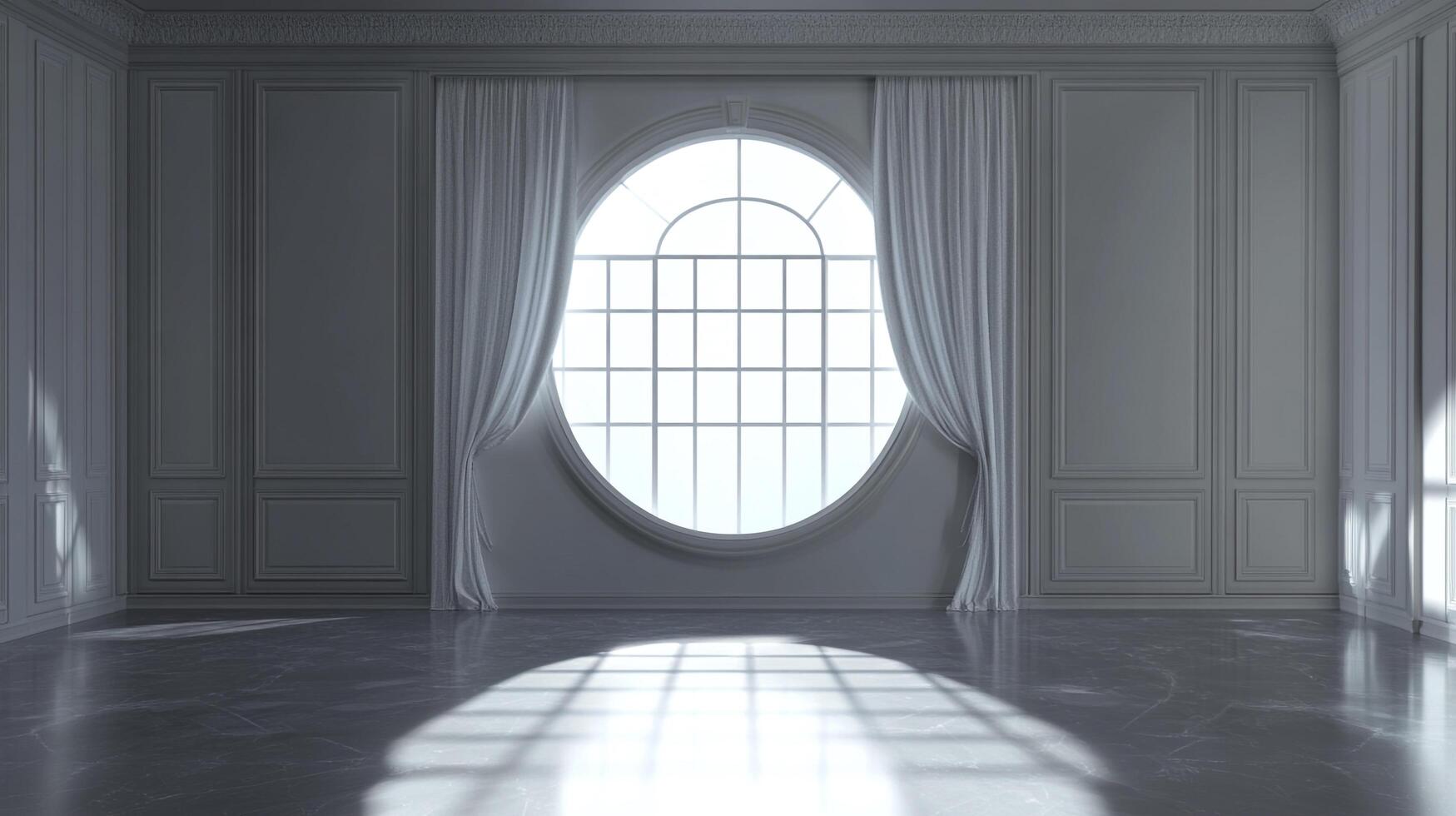 Elegant room with arched window, draped curtains, and marble floor, bathed in light. Modern architecture with classic design elements. photo