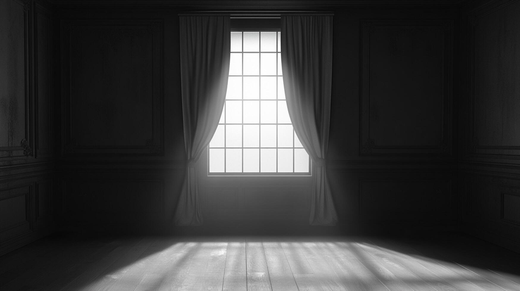 A stark, monochromatic interior featuring a window veiled by drapery, casting ethereal light across a polished wooden floor and dark ornate walls. photo