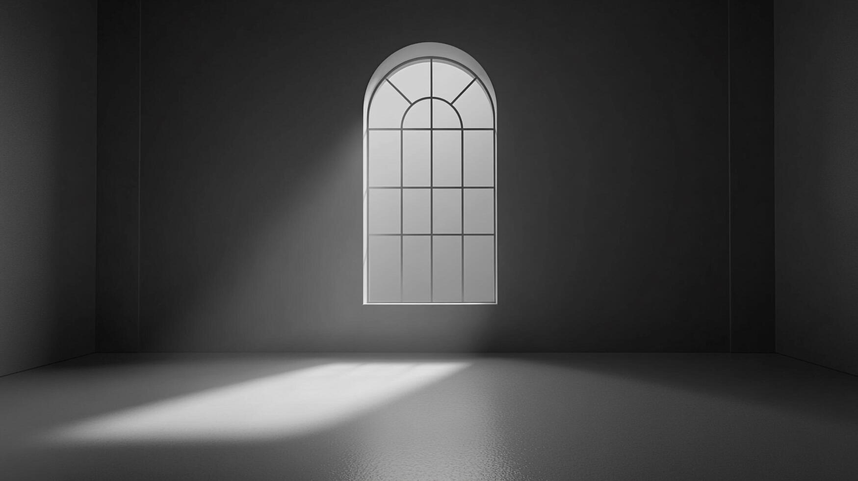 An interior view of a monochromatic room with light streaming in through an arched window casting a shadow on the polished floor. photo