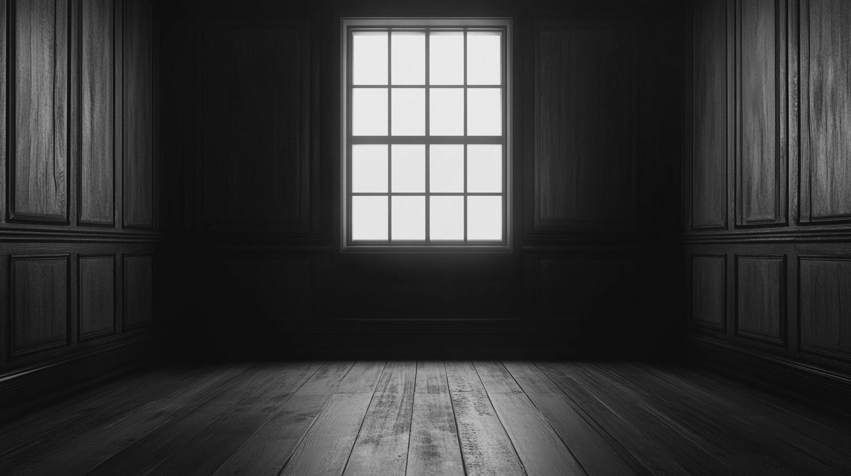Monochromatic room featuring a gridded window, dark wood paneling, and flooring, creating a minimalist and atmospheric interior scene. photo