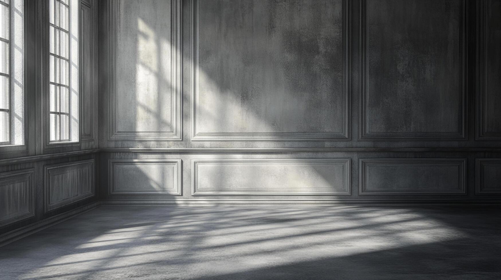 An empty room, painted gray, is flooded by light streaming in from a window casting sharp shadows across the floor and walls. photo