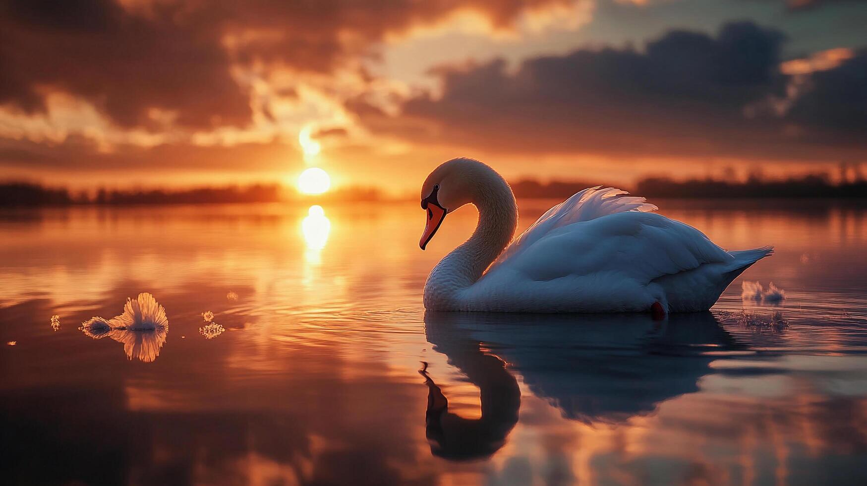 A serene swan gracefully glides across calm waters, bathed in the warm glow of a breathtaking sunset. Nature's beauty unfolds. photo
