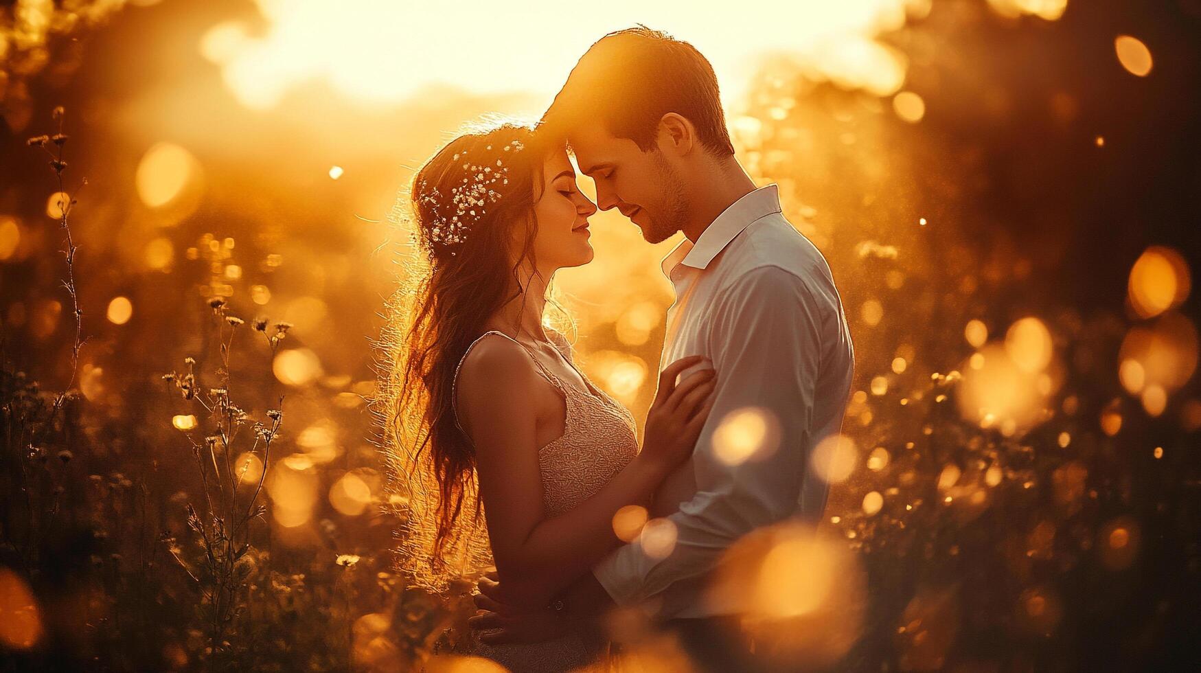 Romantic embrace at sunset. A loving couple shares a tender moment, surrounded by golden light and blooming flowers. Pure love and warmth. photo