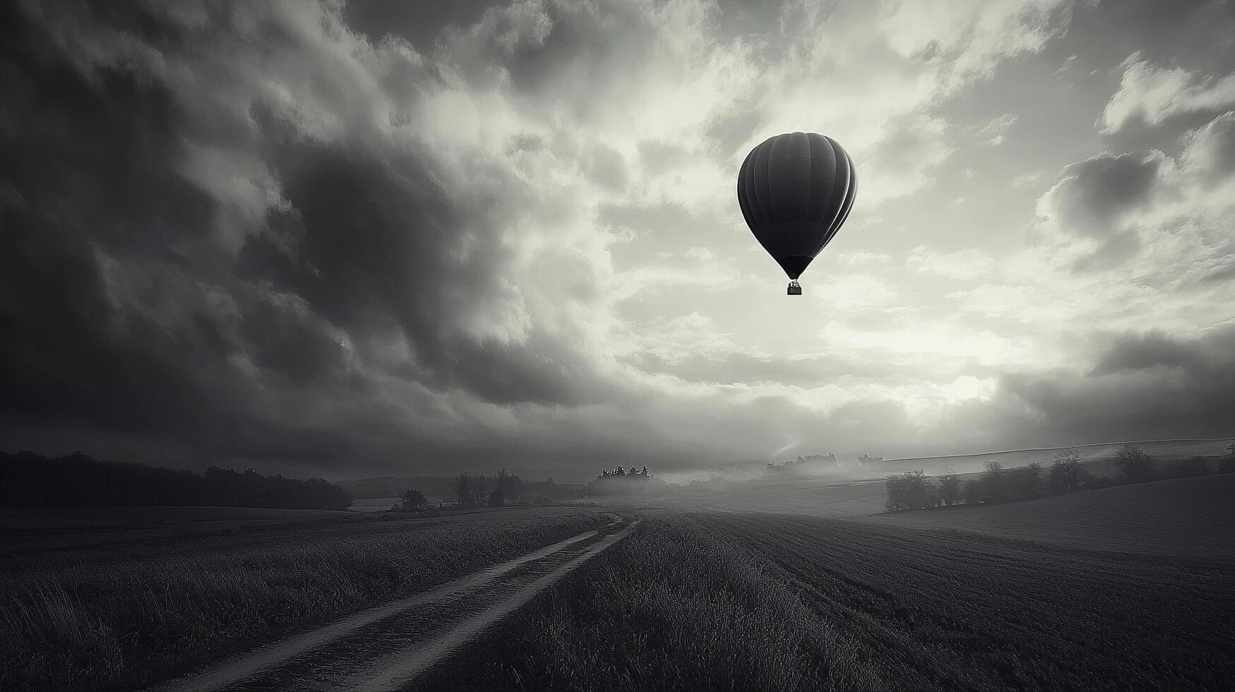 Atmospheric view of a hot air balloon soaring high above a muted countryside beneath a sky filled with billowing clouds. photo