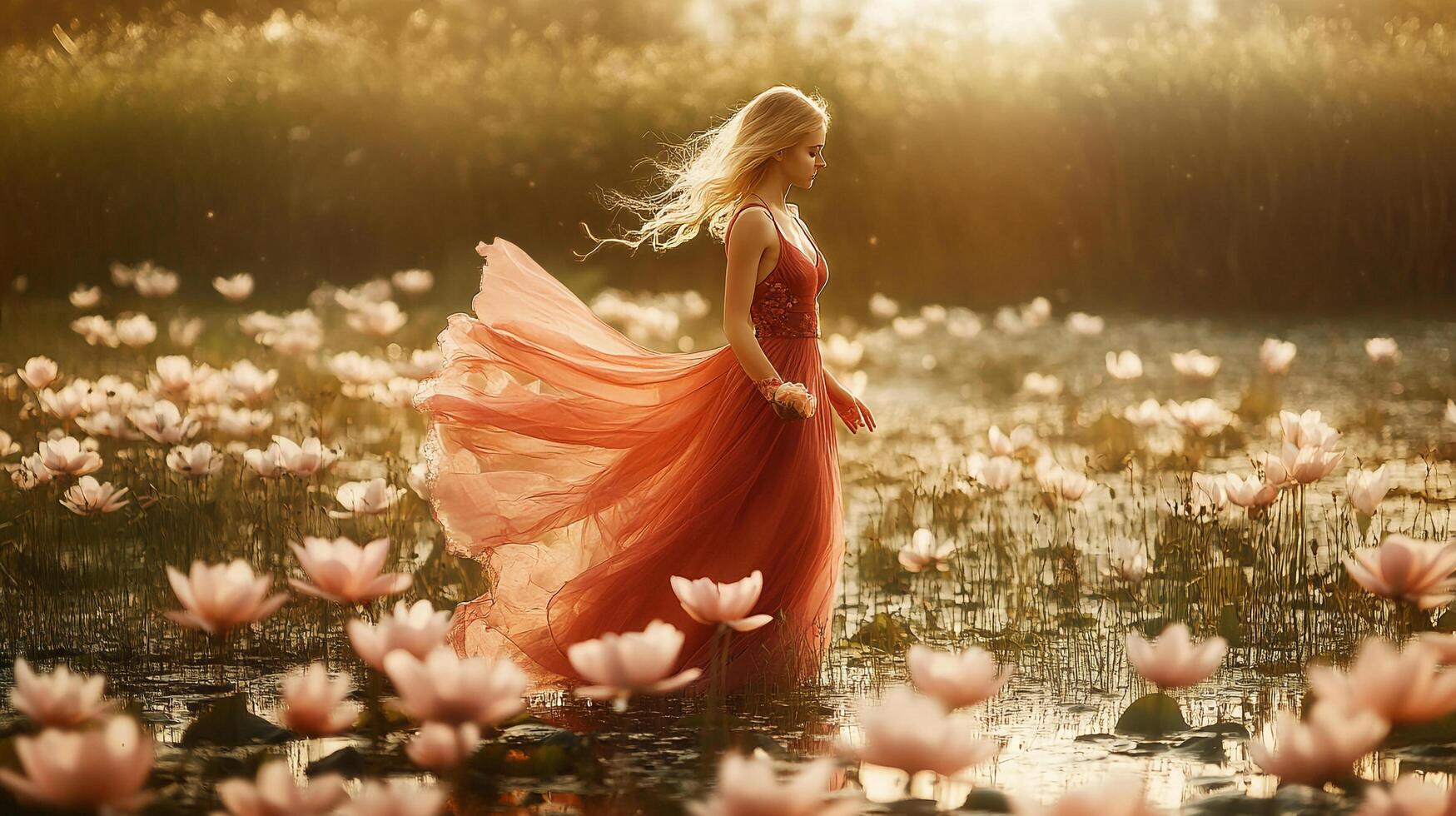 Woman in flowing red dress walking through a field of water lilies in soft, golden light, creating a serene and ethereal atmosphere. photo