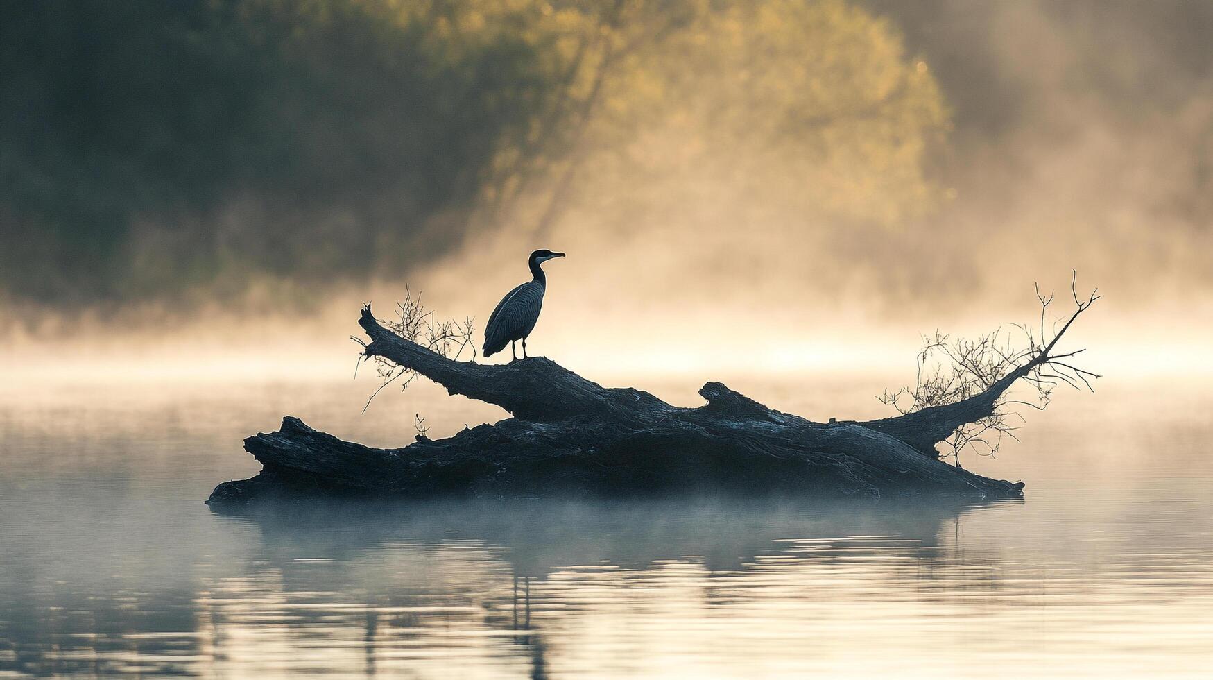 A lone bird stands on a fallen tree, surrounded by a lake shrouded in morning mist, creating a tranquil and ethereal atmosphere. photo