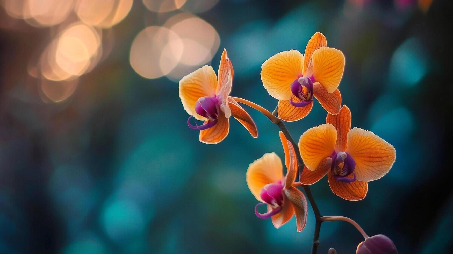 Close-up of vibrant orchids in bloom, showcasing delicate orange petals and a soft bokeh background. Floral beauty in nature's artistry. photo