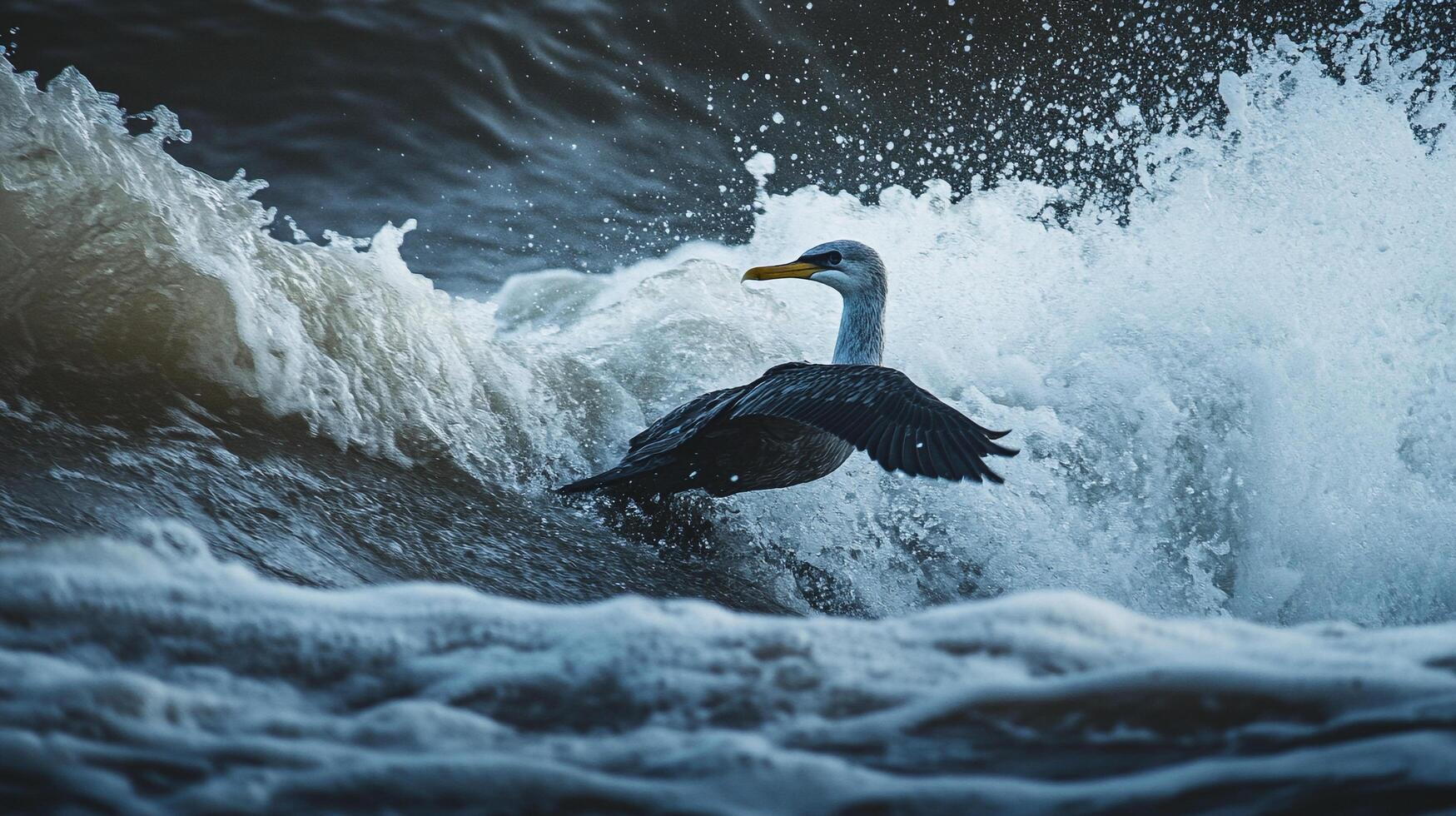 Seabird soars through crashing waves, wings spread wide against the ocean's fury. Power and resilience in nature. photo