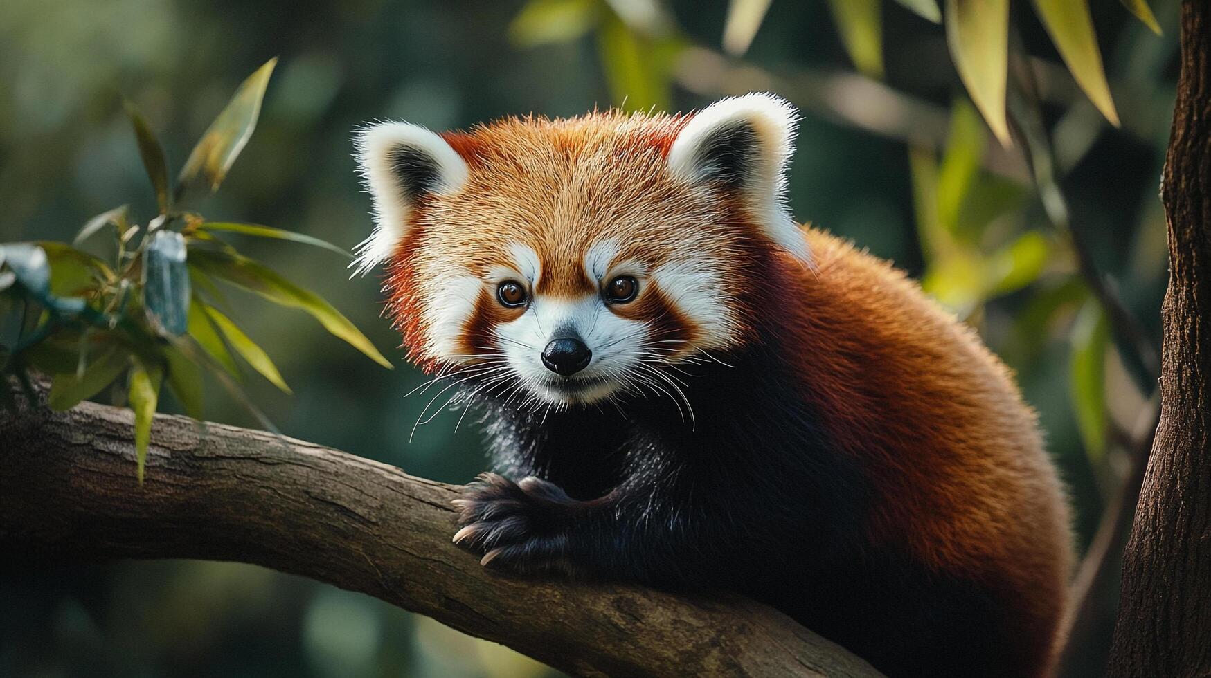 Red panda perched on a tree branch, exhibiting its distinctive reddish-brown fur and endearing facial features in a lush forest setting. photo