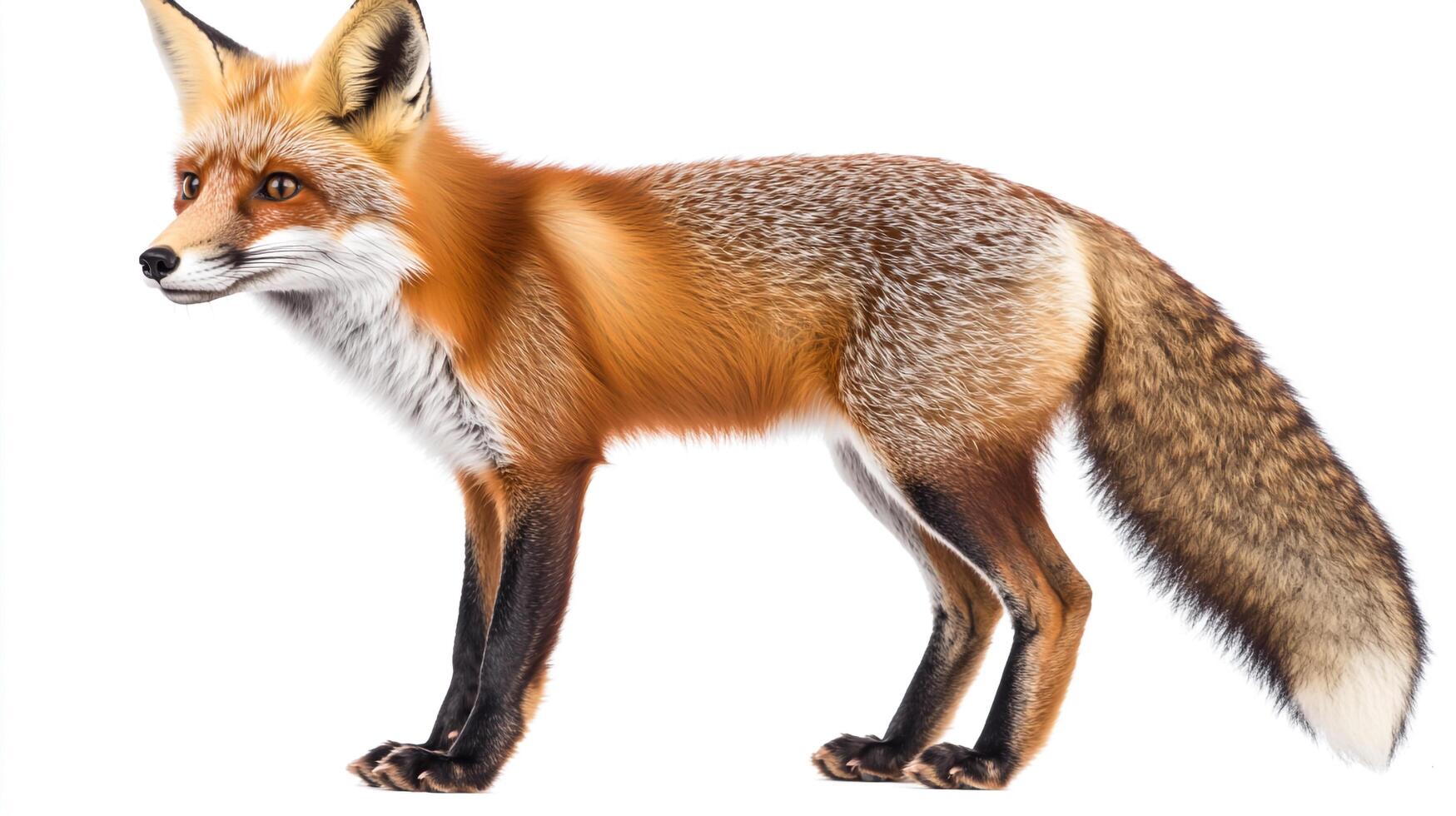 A red fox with striking orange and brown fur poses against a white background. Its keen gaze and elegant stance showcase its wild beauty. photo