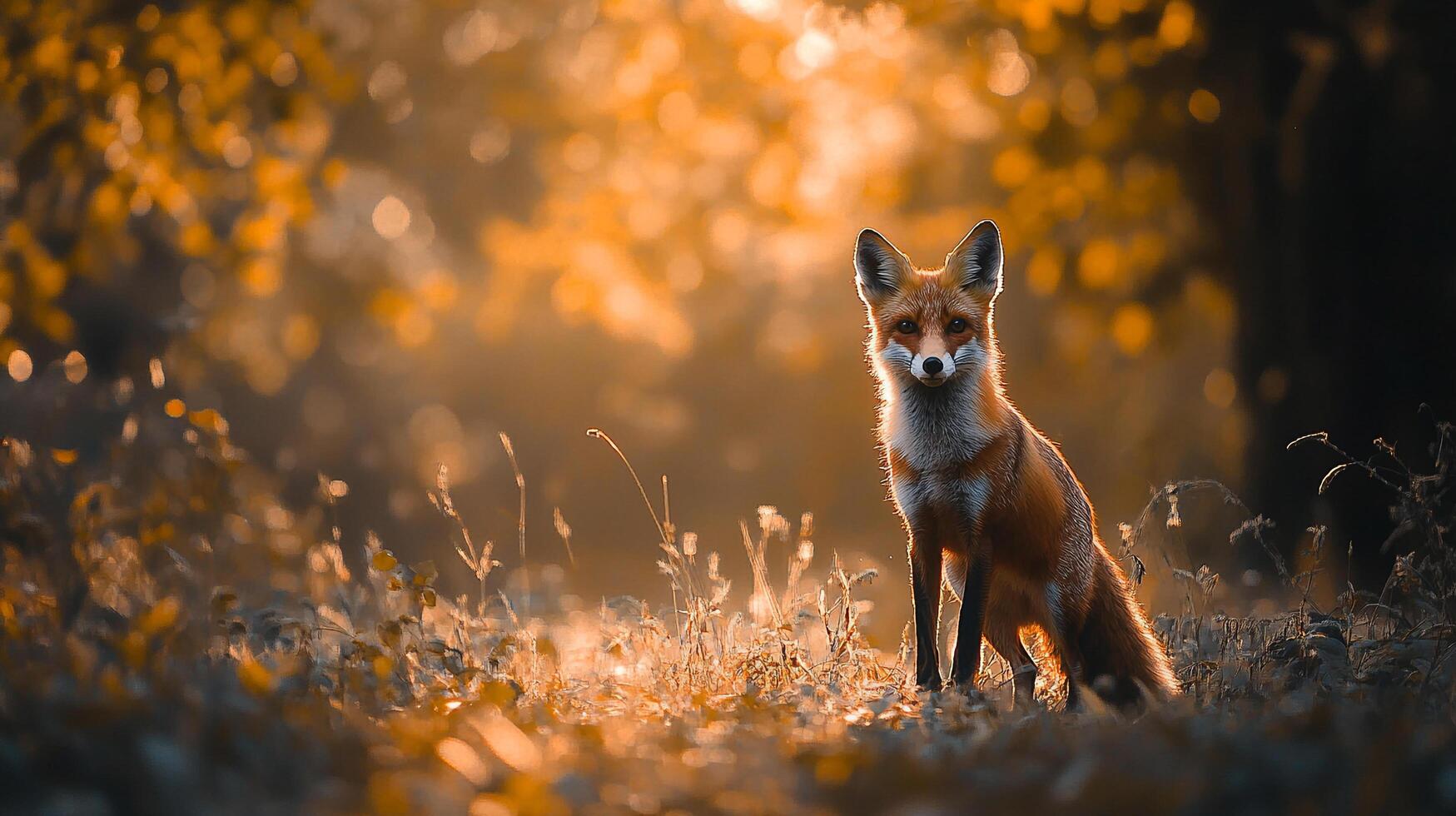 A fox in the middle of a field with sunlight shining through the trees. Fox standing alert in the meadow bathed in warm tones. photo