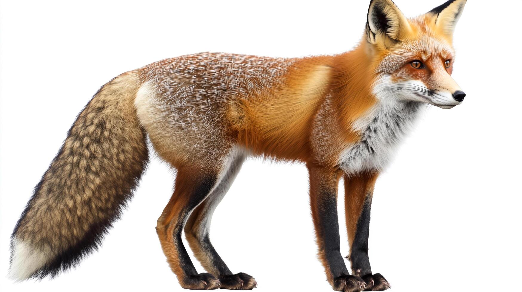 Isolated red fox with detailed fur standing against a pure white background. The fox has a bushy tail and observant expression. photo