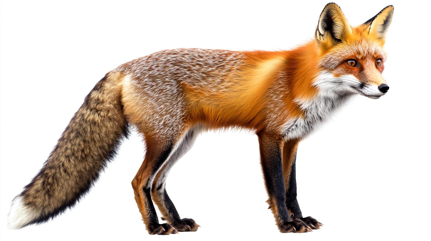 A majestic red fox stands alert, showcasing its beautiful fur and keen eyes, captured against a stark white background. Wild and beautiful photo