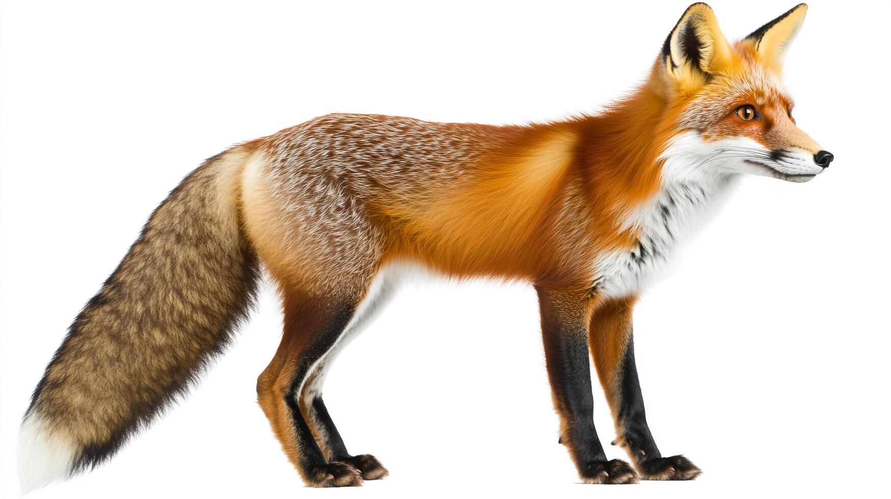 A vibrant fox with a bushy tail stands alert, its orange fur contrasting against the stark white background. Wildlife portrait, animal photo