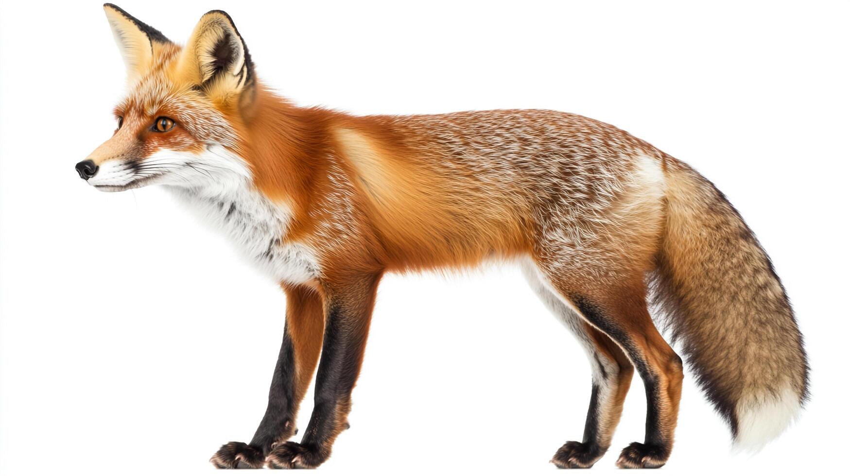 A vibrant red fox stands alert against a clean, white background, its beautiful fur showcased in sharp detail. Nature's elegance on display. photo