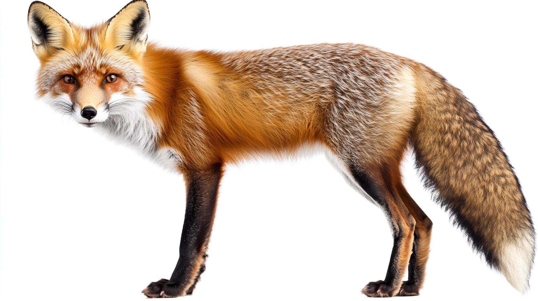 A majestic red fox stands against a stark white backdrop, showcasing its vibrant fur and keen gaze, embodying the spirit of the wild. photo