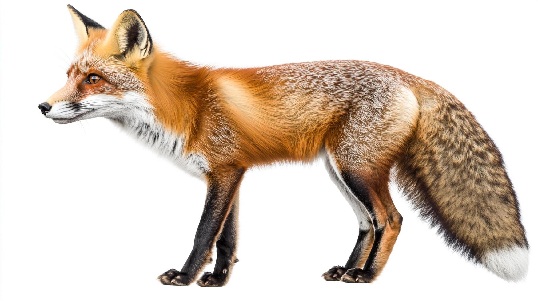Alert fox standing on a clean white background, showcasing its orange and brown fur, contrasting black legs, and bushy tail. photo