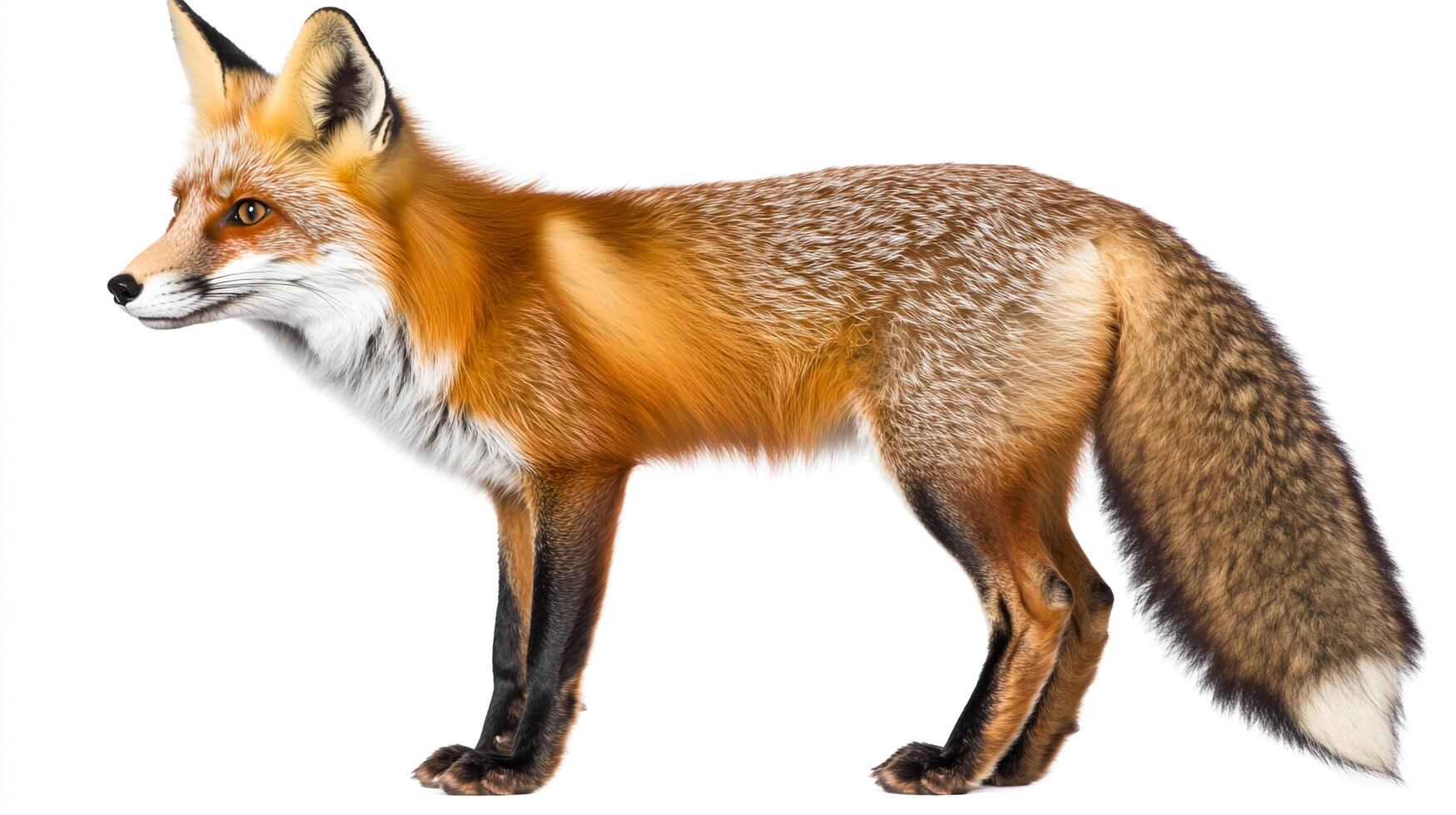 A striking fox stands with its fiery orange fur contrasted against a stark white backdrop, showcasing its alertness and wild beauty. photo