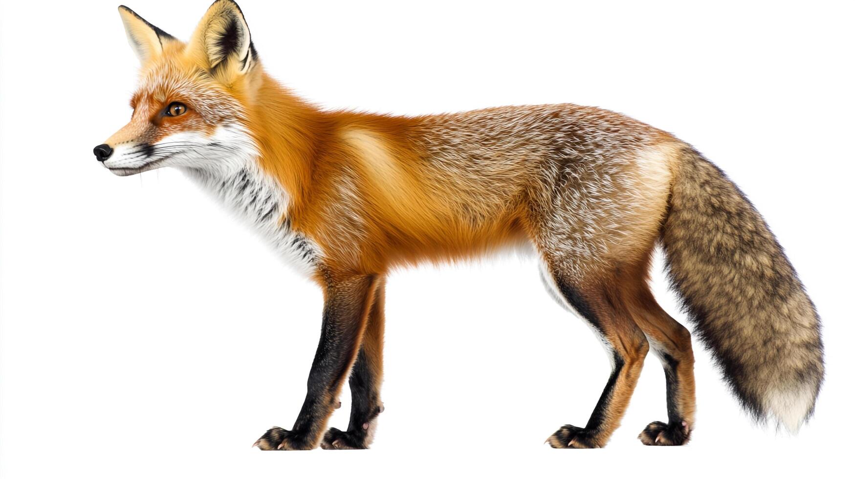 A majestic fox, with its striking red and white coat, captured in a full shot against a plain backdrop, radiating wild beauty. photo