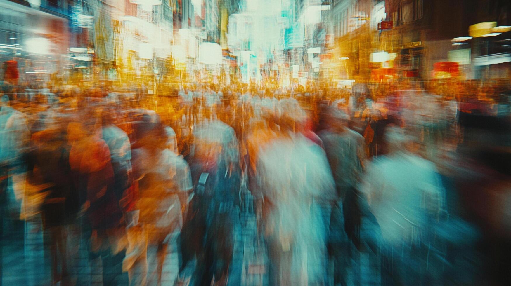 Blurred motion in city street depicts a crowd of people rushing through vibrant, warm-toned lights. photo
