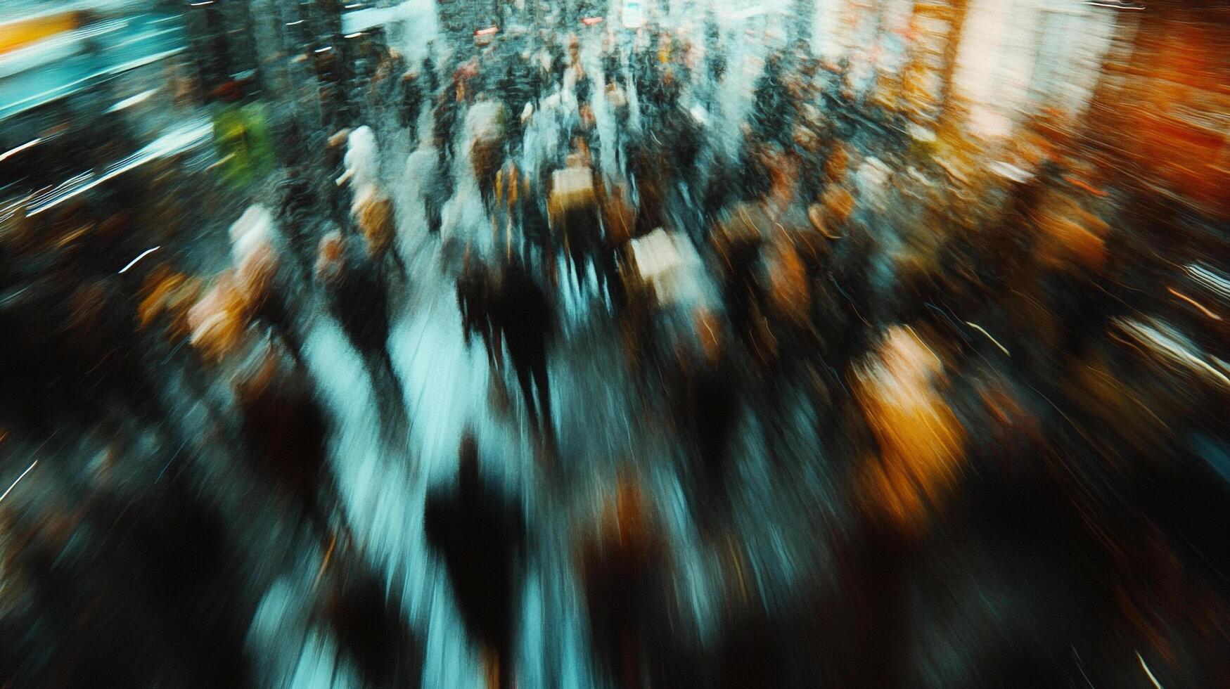 Abstract impression of a bustling cityscape, blurred with motion, capturing urban energy and dynamic movement in vibrant colors. photo