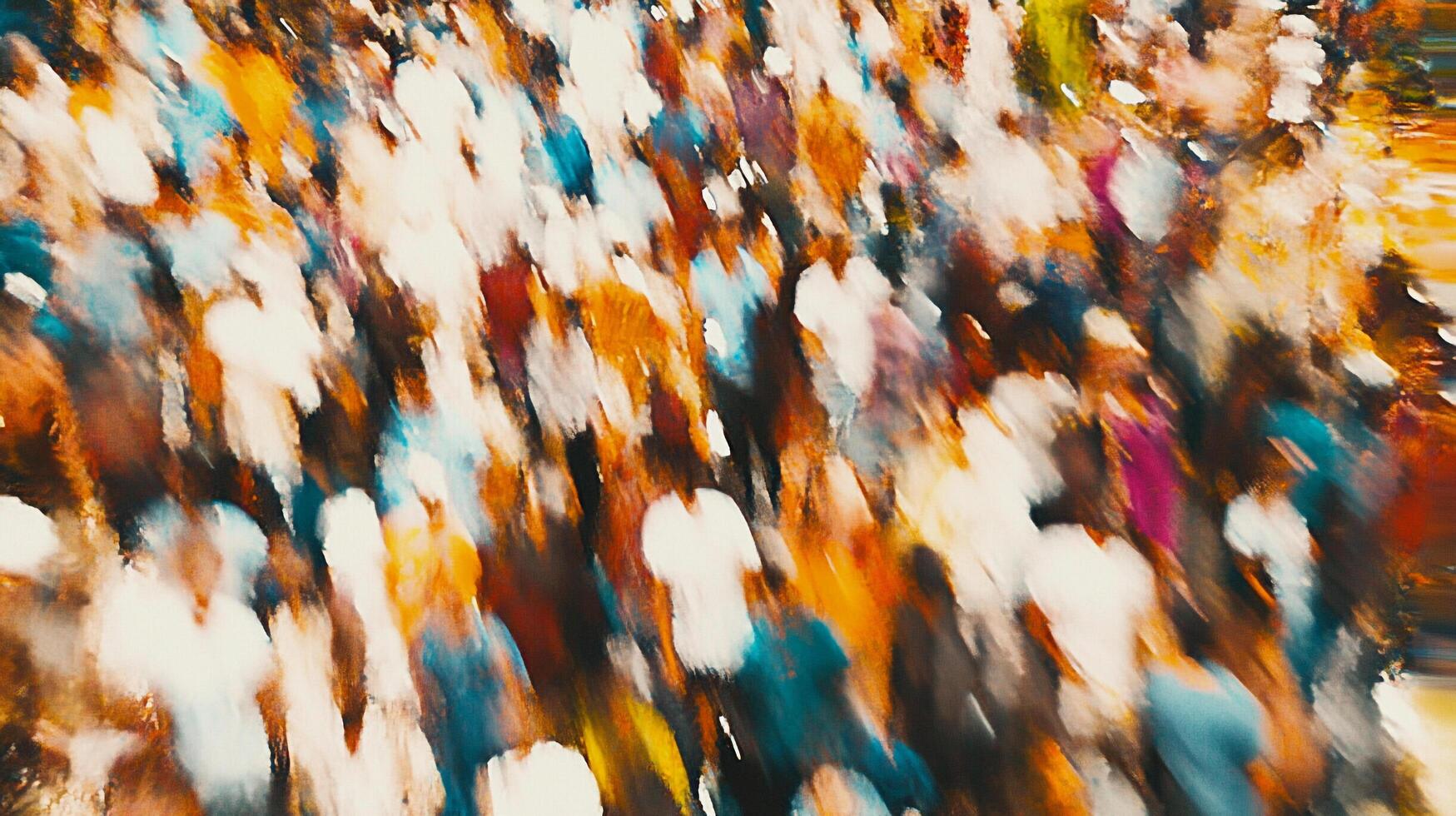 Abstract aerial view of a crowd of people creates a dynamic display of movement and energy. The image captures a sense of collective activity. photo