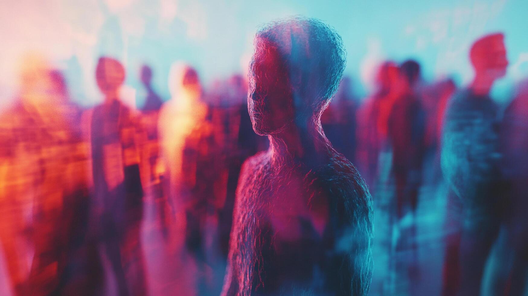 Abstract image of a crowd of people with a blurred, dreamlike effect, bathed in vivid red and blue hues, conveying anonymity and movement. photo