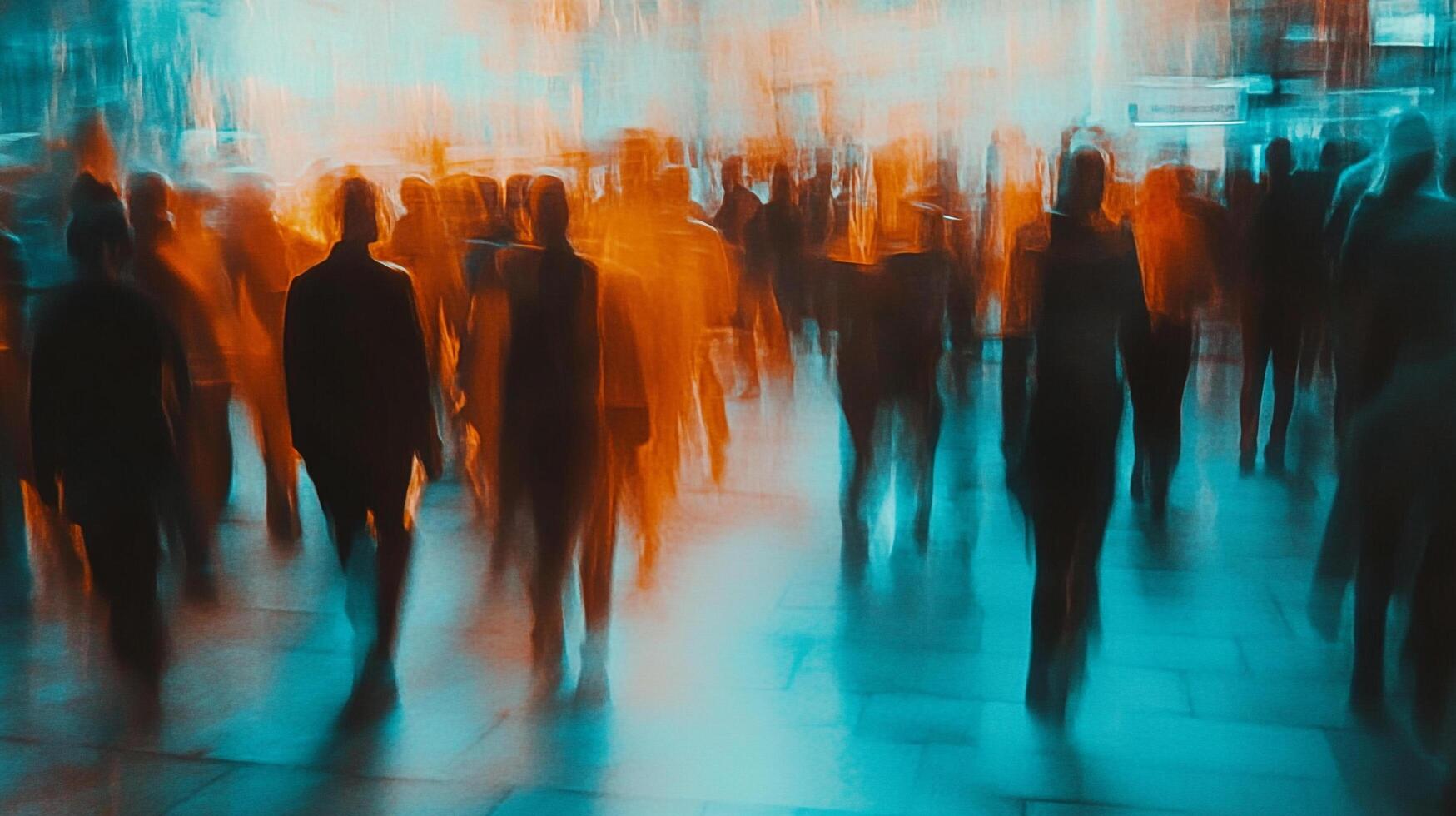 Blurred figures walk through a city street, orange and teal tones convey a sense of movement and anonymity in the urban environment. photo
