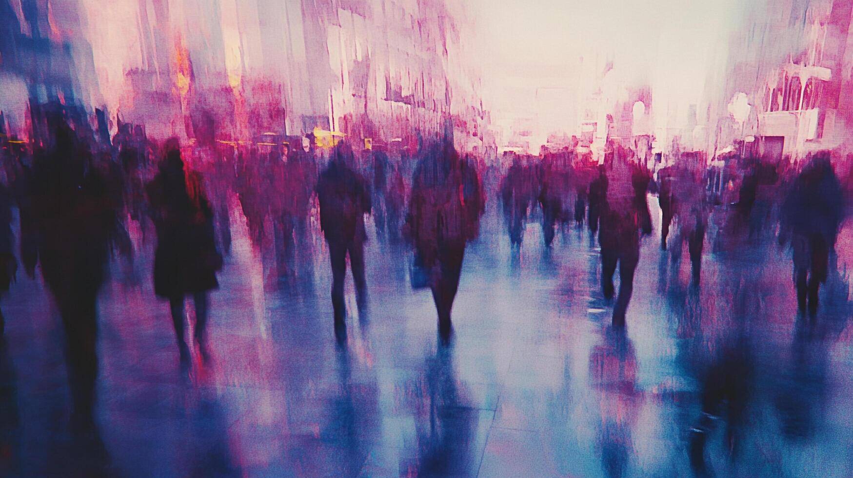 A city street scene depicted with blurry motion, showing a crowd of people walking in a dynamic, abstract manner, colors pink and blue. photo