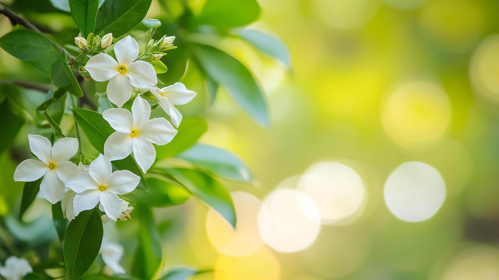 Delicate white blossoms with yellow centers bloom among lush green foliage, set against a soft, blurred, and vibrant green background. photo