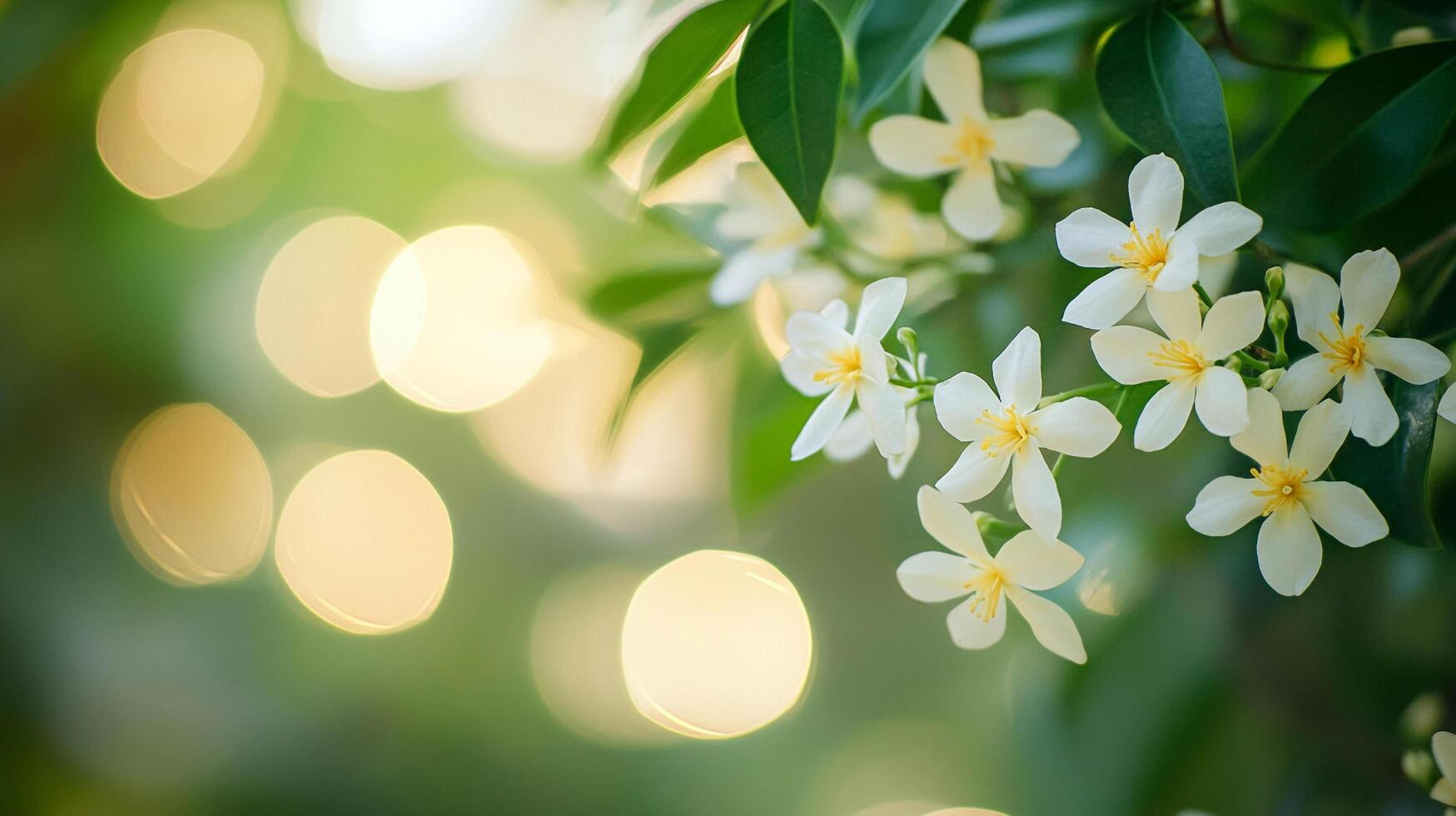 Elegant floral arrangement featuring star-shaped white flowers with a yellow center, complemented by soft lighting and green leaves. photo
