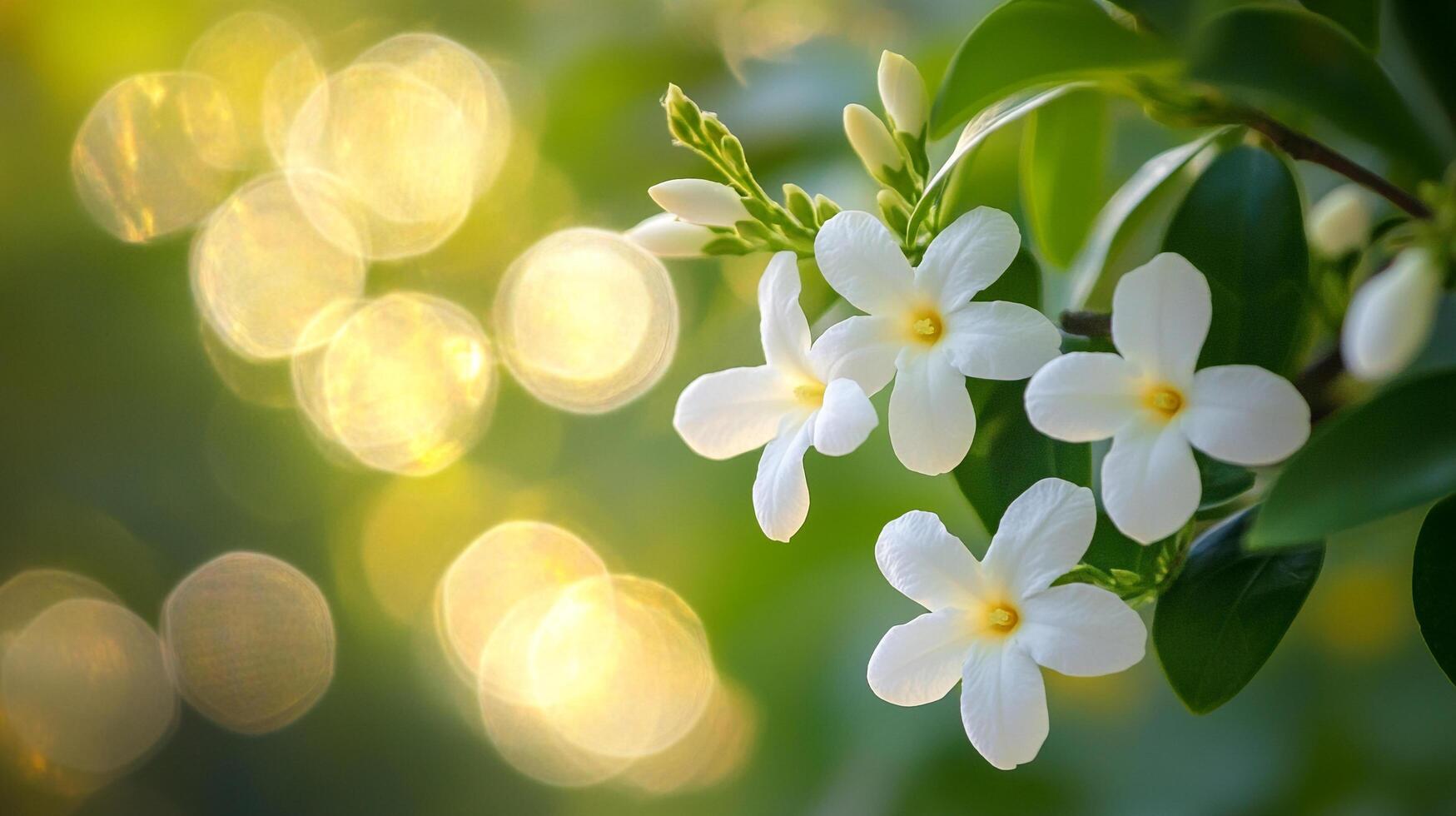 Elegant white blossoms grace the scene, framed by lush green leaves and a bokeh of golden light, showcasing nature's serene beauty. photo