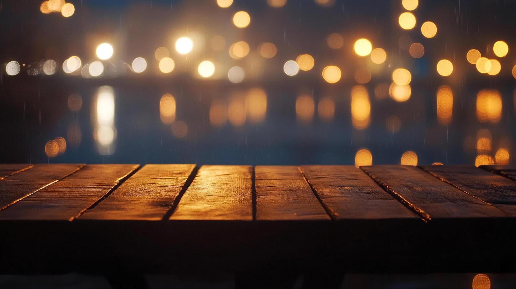 Rainy night scene with warm bokeh lights reflecting on the water, viewed from a wooden deck, creates cozy atmosphere. Serene, inviting. photo