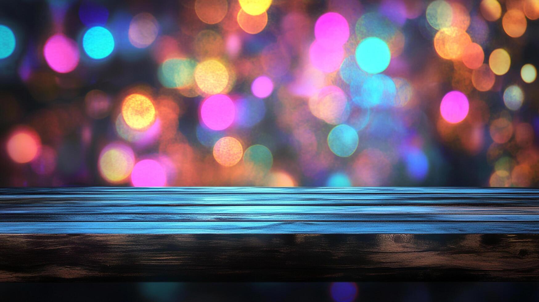Wooden surface with a colorful bokeh backdrop, perfect for product displays or festive backgrounds, creating a vibrant and eye-catching scene. photo