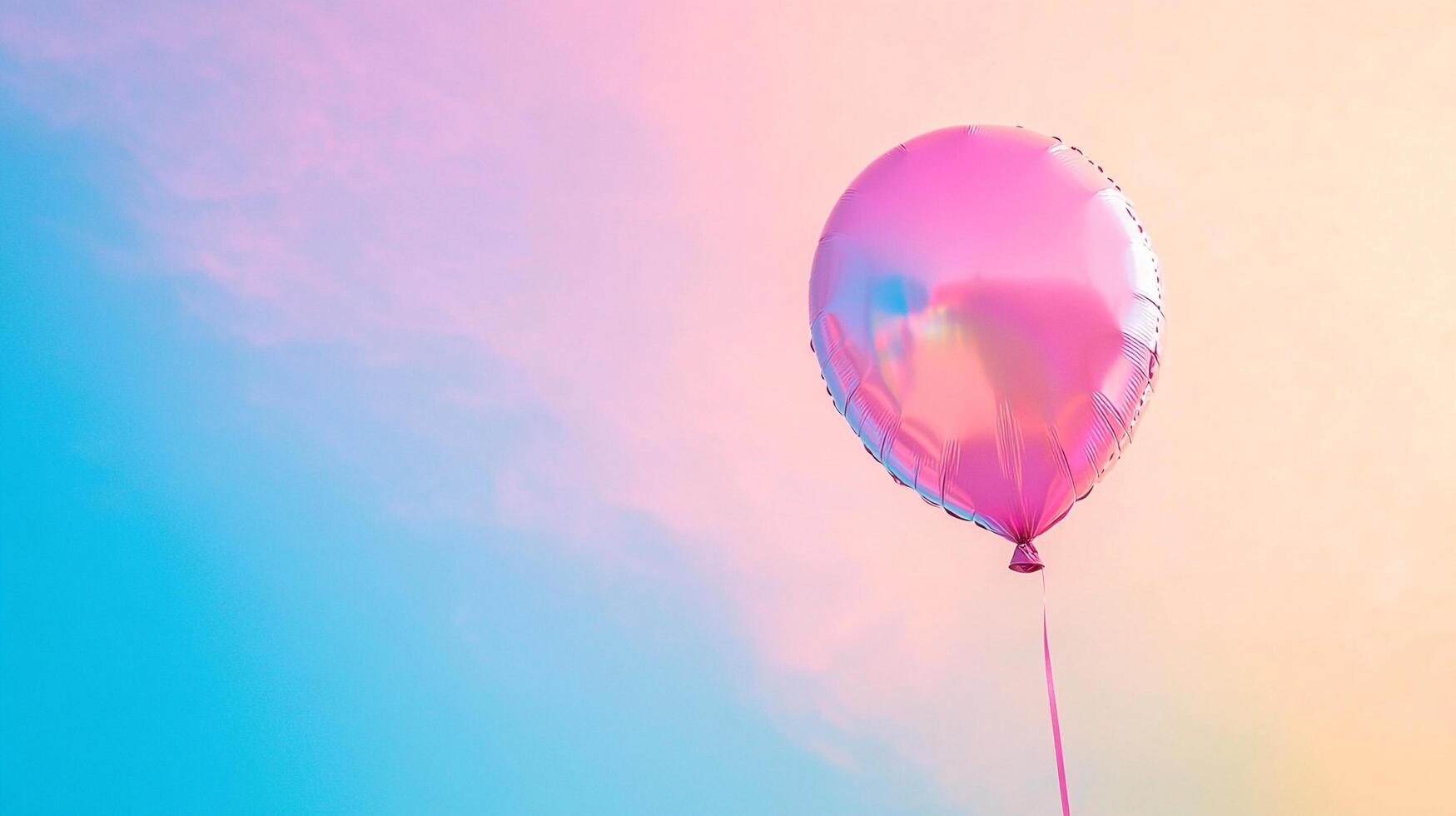 A single pink foil balloon floats against a colorful gradient sky, creating a dreamy and whimsical atmosphere with pastel hues. photo