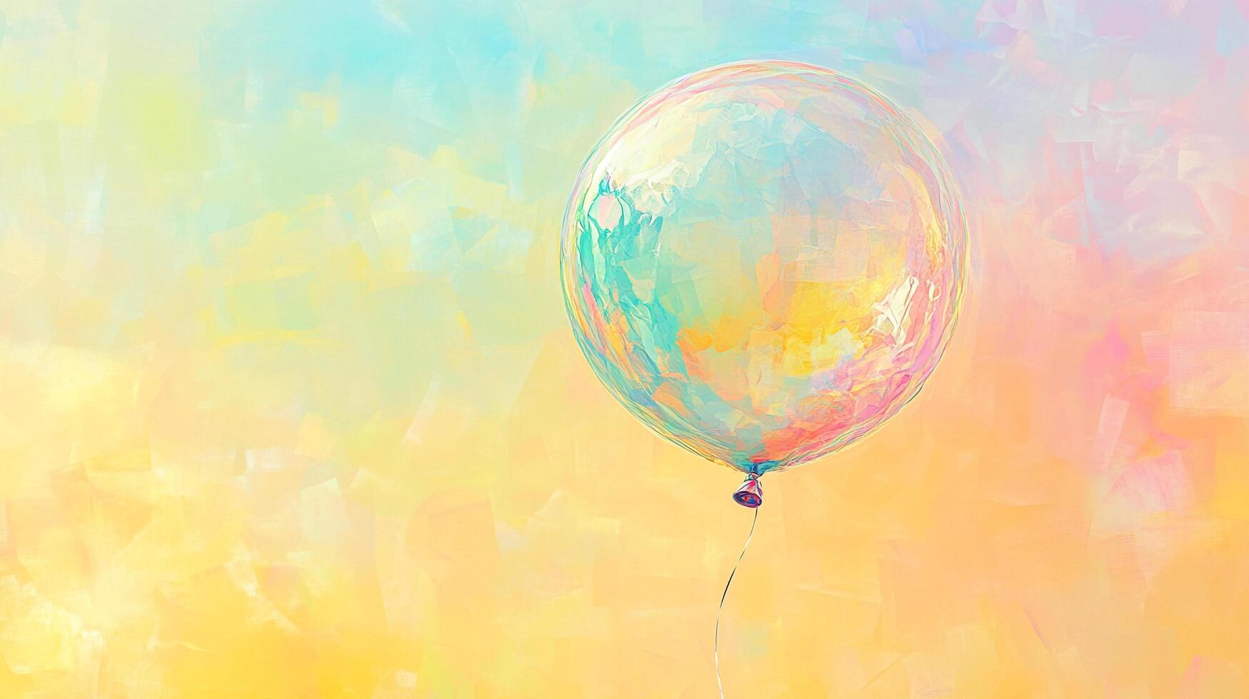 Pastel painted balloon floating in dreamy sky. Delicate brushstrokes and bright color palette create a lighthearted, whimsical atmosphere. photo
