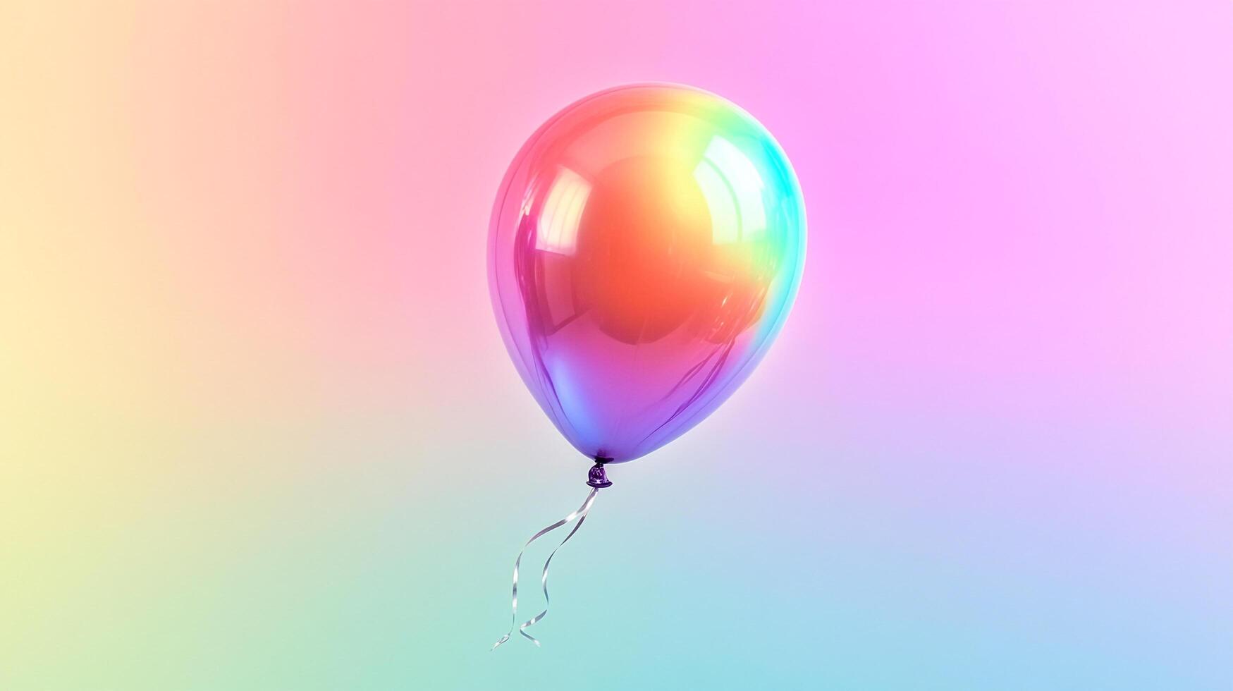 A vibrant balloon shimmers with a rainbow of colors against a soft, pastel gradient background. Helium-filled, floating upwards. photo