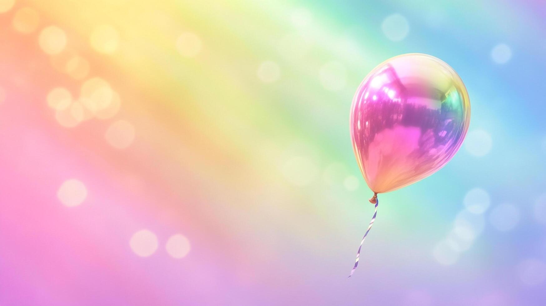 Floating rainbow balloon with an iridescent sheen on a background of rainbow colors and bokeh for a festive or celebratory atmosphere. photo