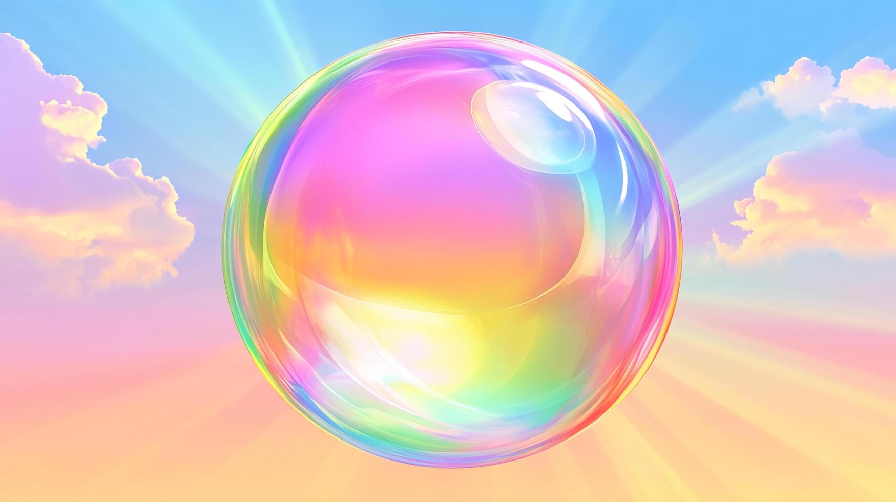 A radiant and translucent orb reflects pastel hues against a soft, sunlit sky with fluffy clouds, creating a whimsical atmosphere. photo