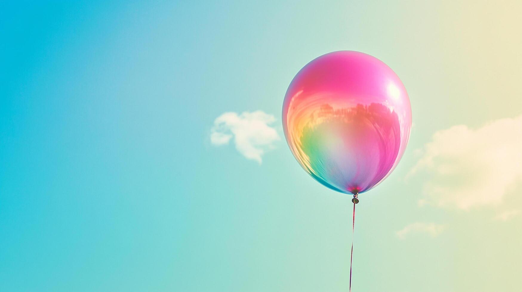 A vibrant, pink balloon gracefully ascends against a serene, gradient sky, creating a cheerful and uplifting atmosphere. Dreamy and celebratory. photo