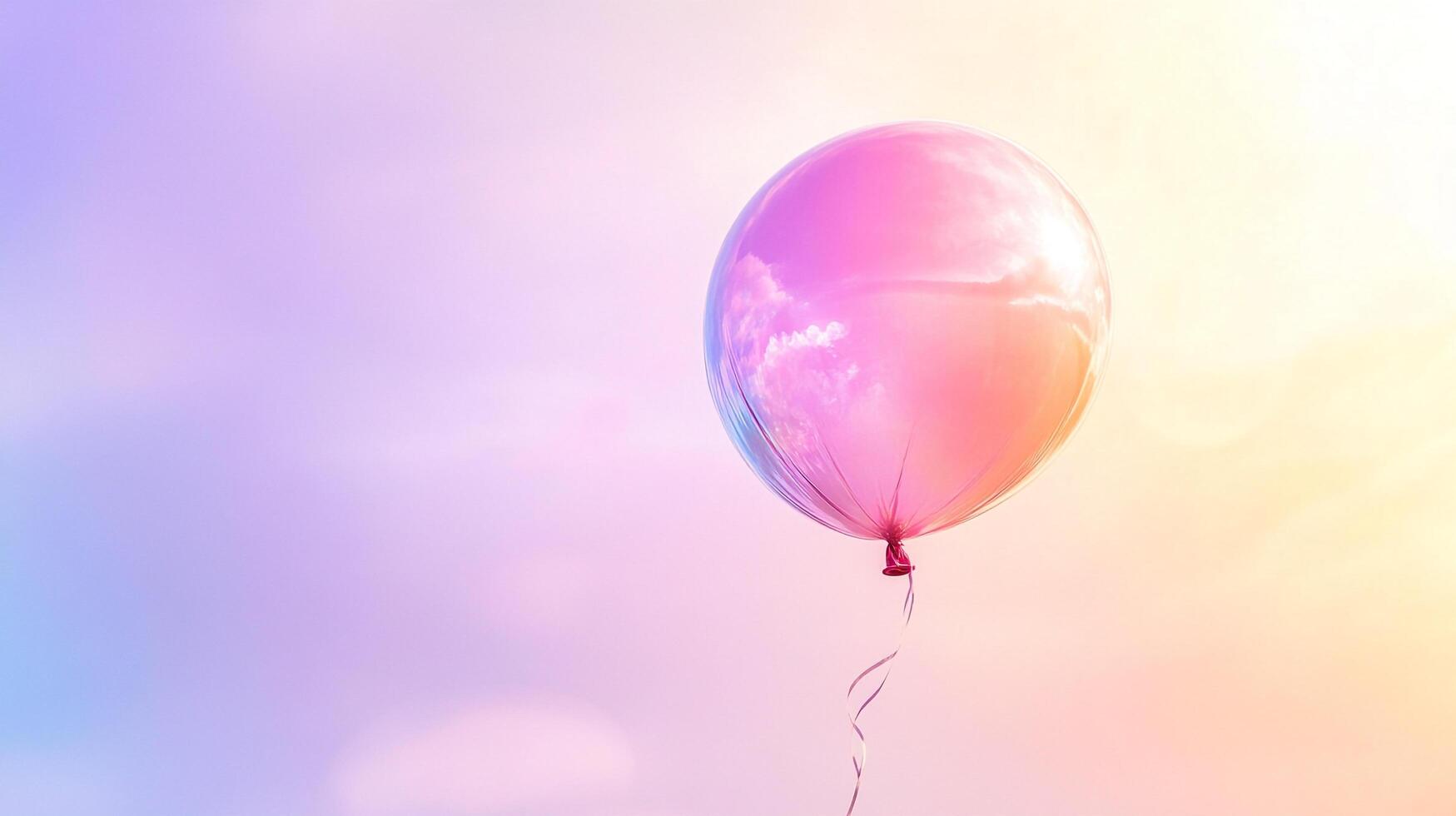 A shiny, pink balloon floats in a pastel sky, reflecting clouds. Dreamy aesthetic for celebrations, positivity, and whimsical themes. photo