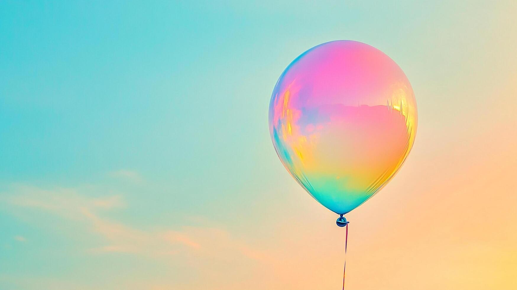 A vibrant, iridescent balloon floats against a gradient sky, a single string trailing below, creating a joyful and whimsical scene. photo