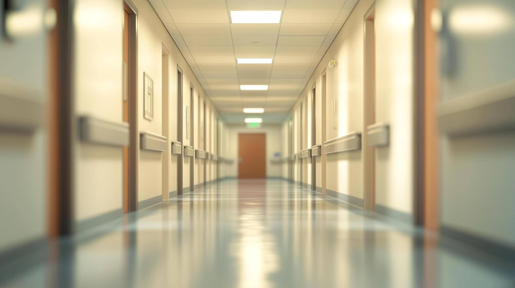 Long, bright hallway with doors lining either side, receding into the distance, creating a sense of depth and tranquility. photo