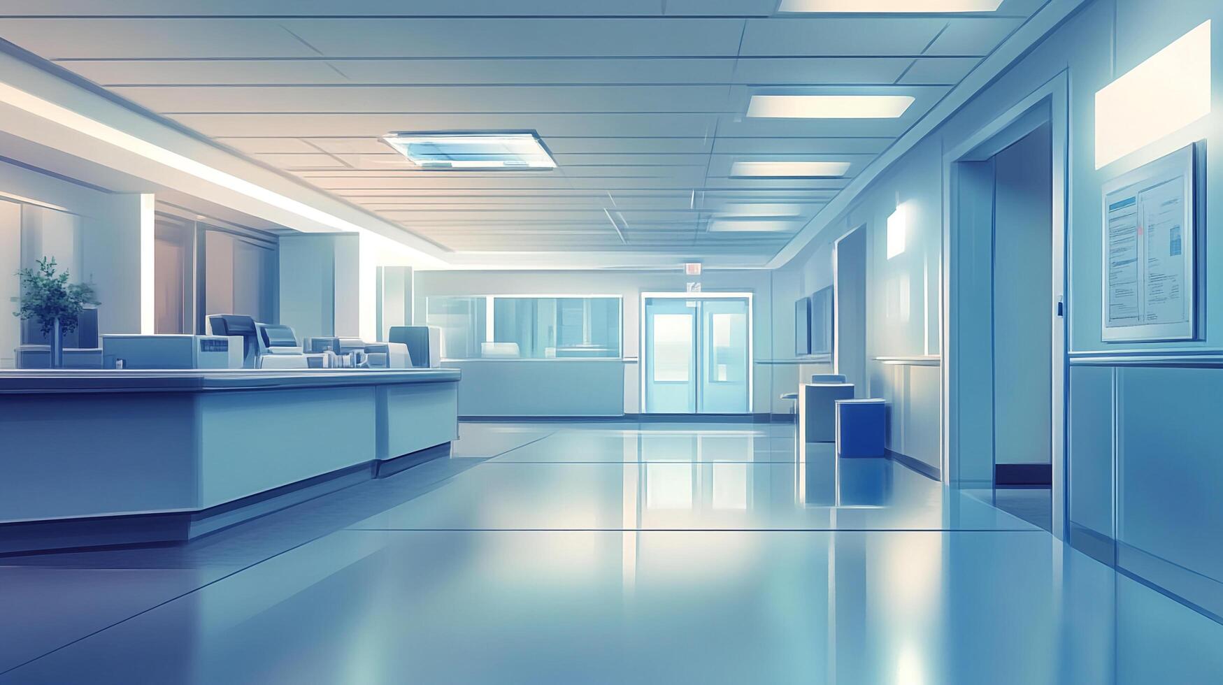A serene, brightly lit hospital corridor with reception desk. The clean, minimalist design evokes calmness in a clinical environment. photo